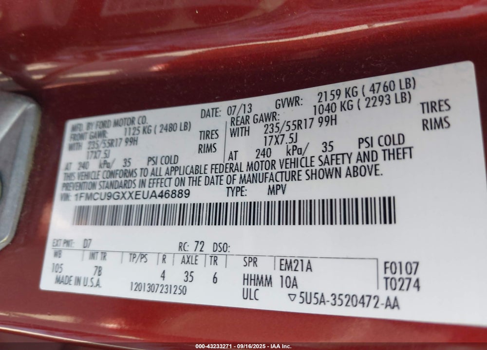 2014 FORD ESCAPE SE VIN: 1FMCU9GXXEUA46889