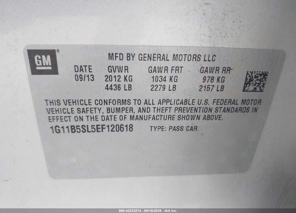 2014 CHEVROLET MALIBU VIN: 1G11B5SL5EF120618