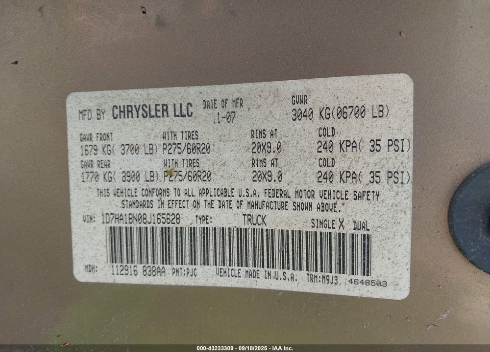 2008 DODGE RAM 1500 VIN: 1D7HA18N08J165628