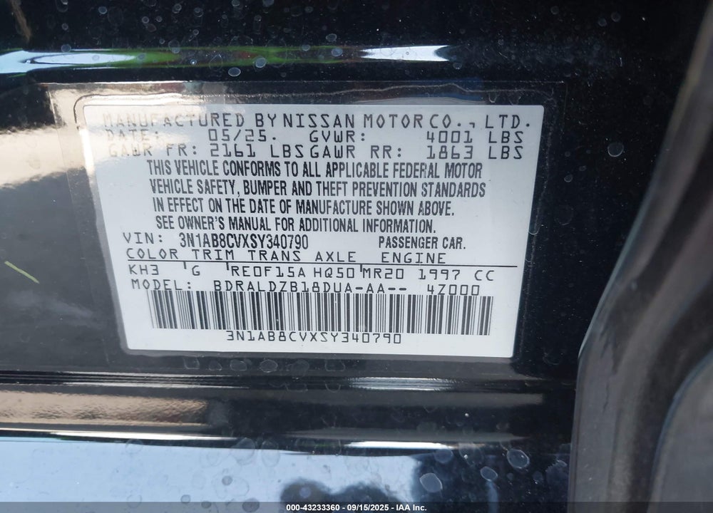 2025 NISSAN SENTRA VIN: 3N1AB8CVXSY340790