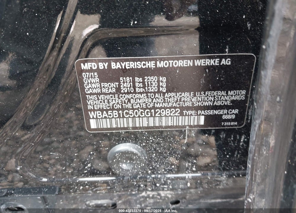 2016 BMW 5 SERIES VIN: WBA5B1C50GG129822