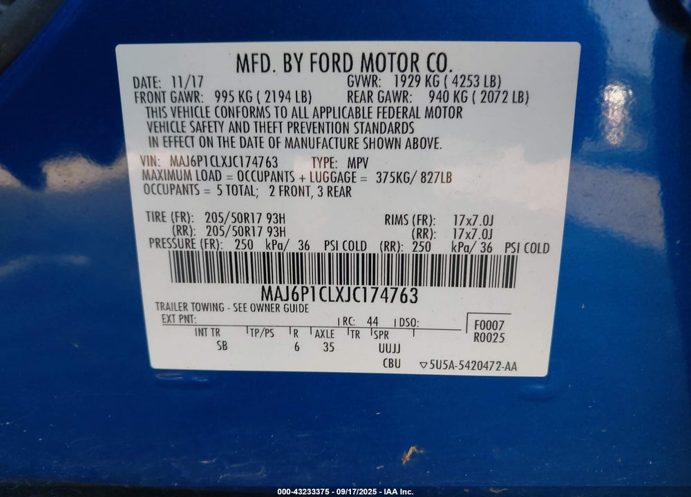 2018 FORD ECOSPORT VIN: MAJ6P1CLXJC174763
