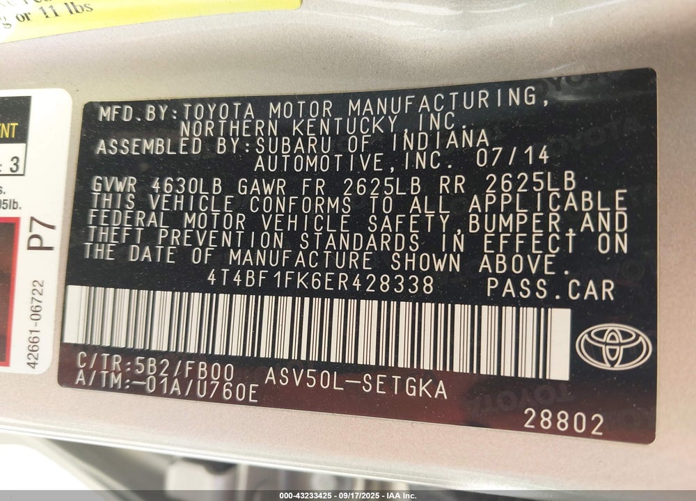 2014 TOYOTA CAMRY VIN: 4T4BF1FK6ER428338