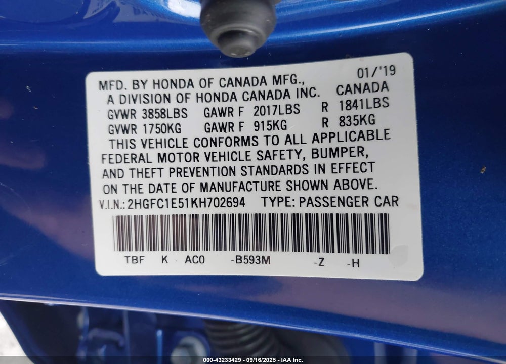 2019 HONDA CIVIC VIN: 2HGFC1E51KH702694