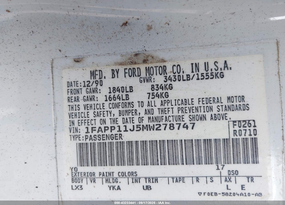 1991 FORD ESCORT LX VIN: 1FAPP11J5MW278747