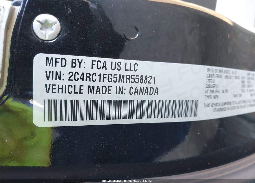 2021 CHRYSLER PACIFICA VIN: 2C4RC1FG5MR558821