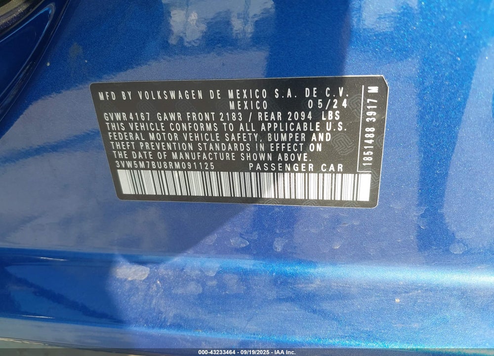 2024 VOLKSWAGEN JETTA VIN: 3VW5M7BU8RM091125