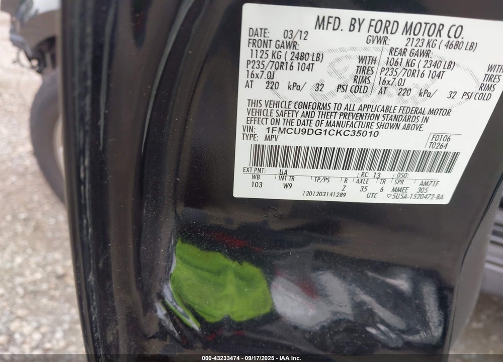 2012 FORD ESCAPE VIN: 1FMCU9DG1CKC35010