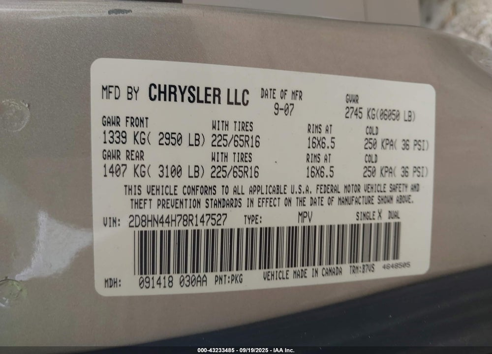2008 DODGE GRAND CARAVAN SE VIN: 2D8HN44H78R147527