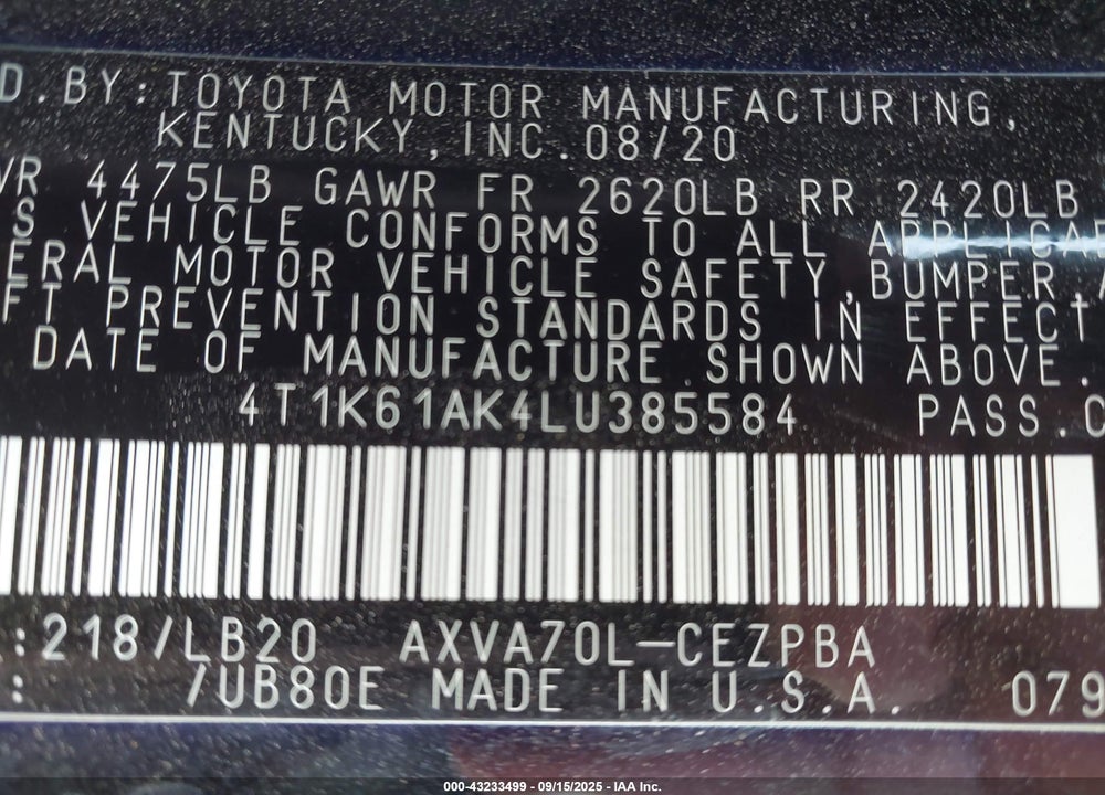 2020 TOYOTA CAMRY VIN: 4T1K61AK4LU385584