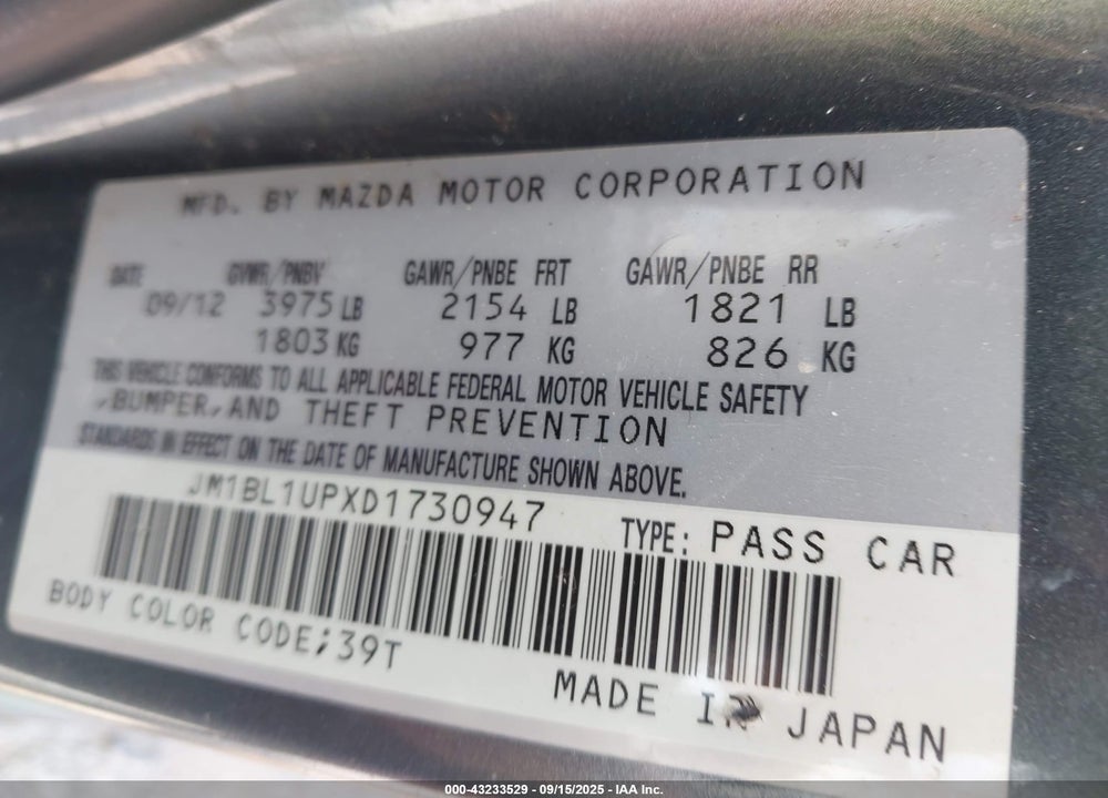 2013 MAZDA 3 I SPORT VIN: JM1BL1UPXD1730947