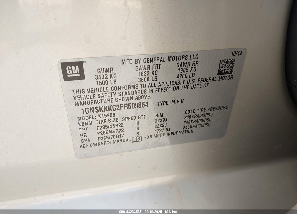 2015 CHEVROLET SUBURBAN 1500 VIN: 1GNSKKKC2FR509864