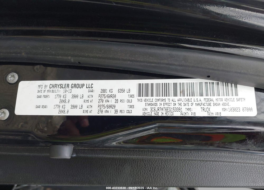2014 RAM 1500 VIN: 3C6JR7AT6EG153391