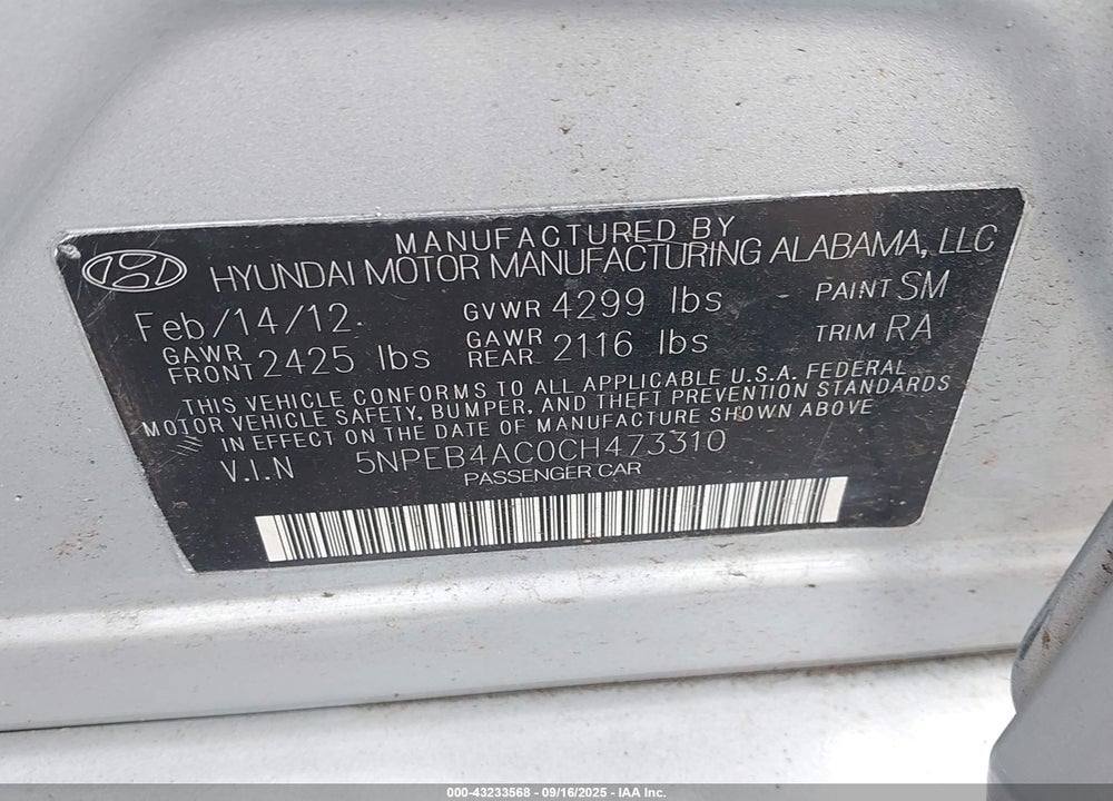 2012 HYUNDAI SONATA VIN: 5NPEB4AC0CH473310