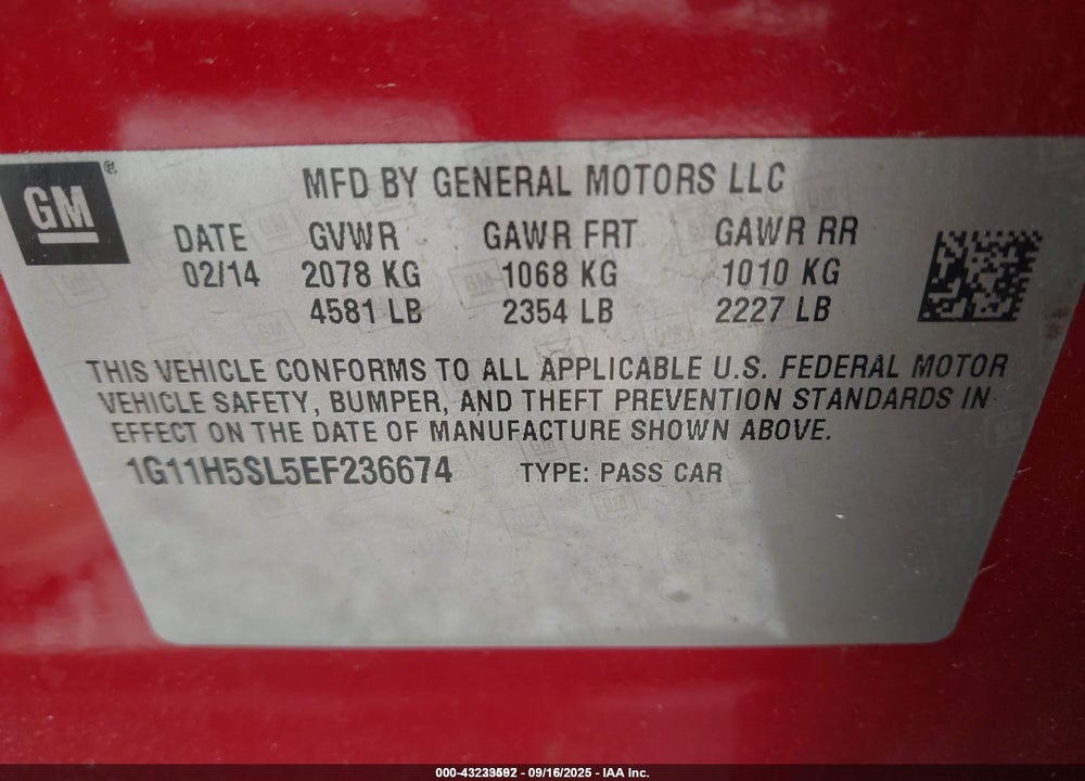 2014 CHEVROLET MALIBU VIN: 1G11H5SL5EF236674