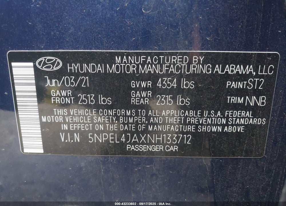 2022 HYUNDAI SONATA VIN: 5NPEL4JAXNH133712