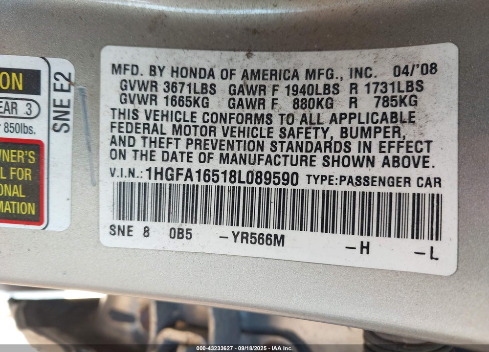 2008 HONDA CIVIC LX VIN: 1HGFA16518L089590