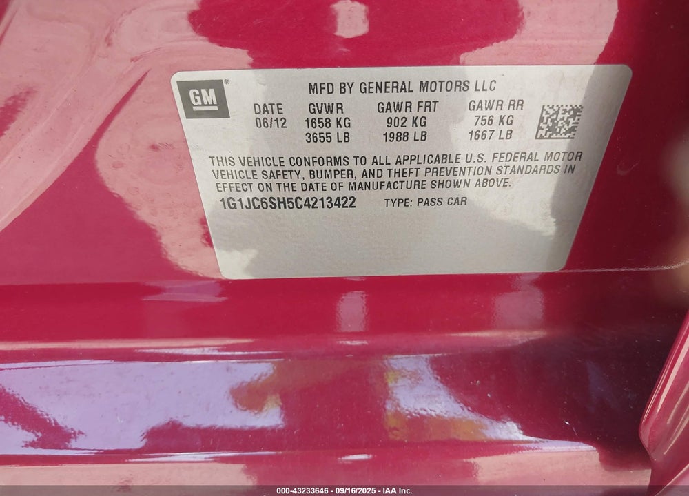 2012 CHEVROLET SONIC VIN: 1G1JC6SH5C4213422