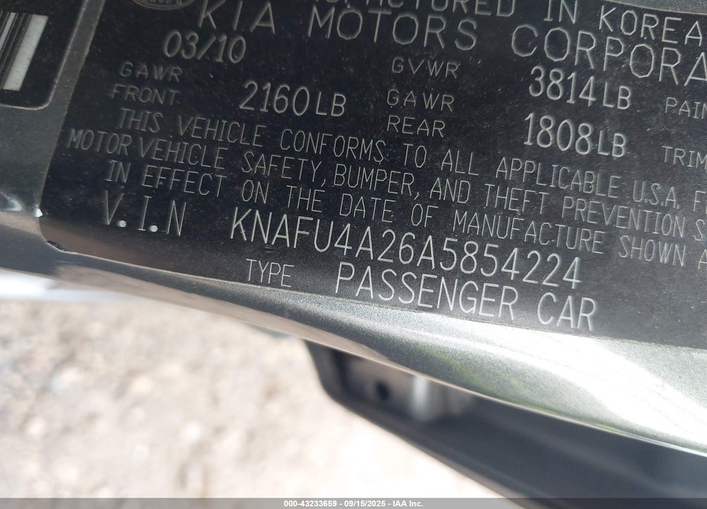 2010 KIA FORTE VIN: KNAFU4A26A5854224
