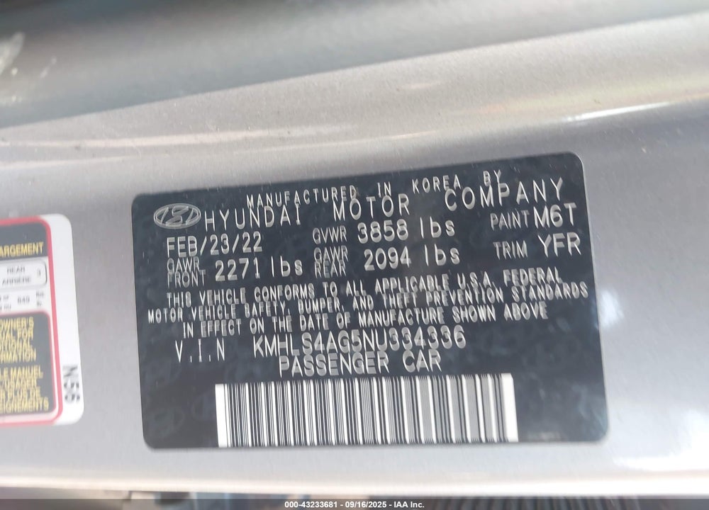 2022 HYUNDAI ELANTRA SEL VIN: KMHLS4AG5NU334336