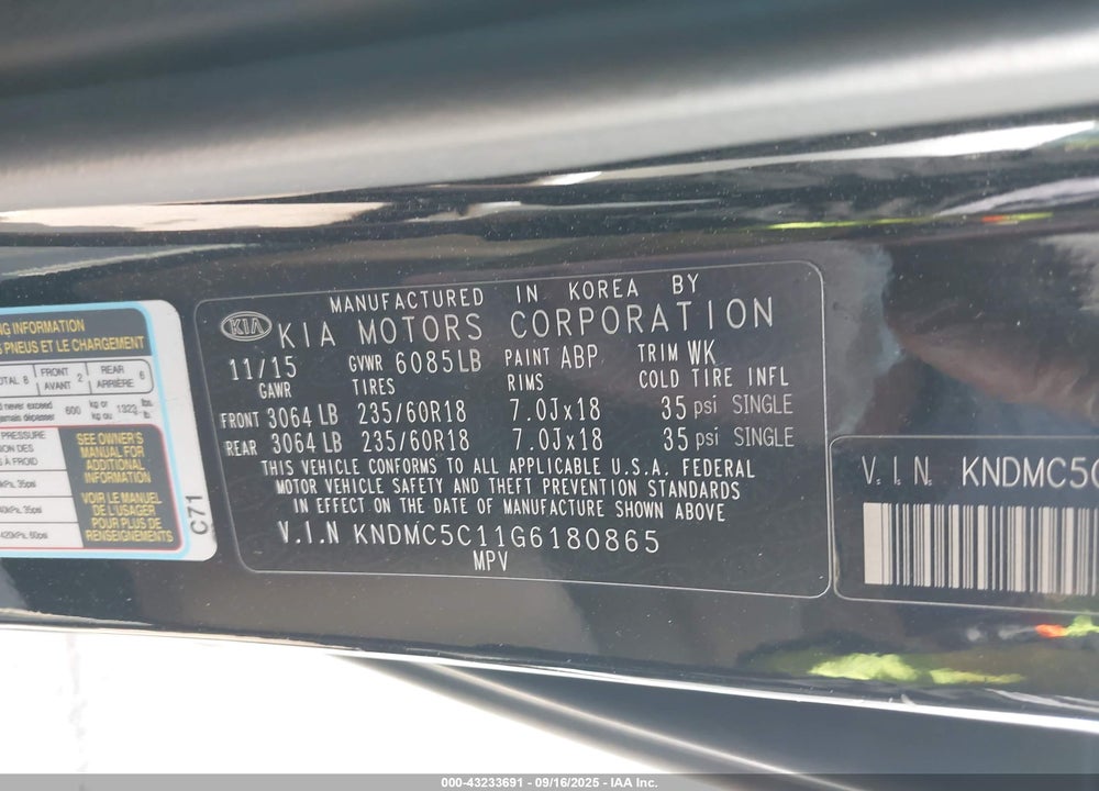 2016 KIA SEDONA VIN: KNDMC5C11G6180865