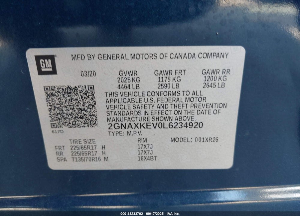 2020 CHEVROLET EQUINOX VIN: 2GNAXKEV0L6234920