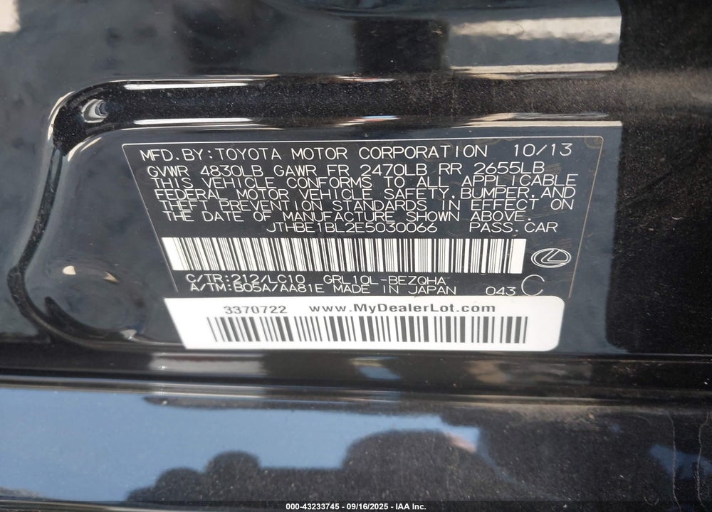 2014 LEXUS GS 350 VIN: JTHBE1BL2E5030066