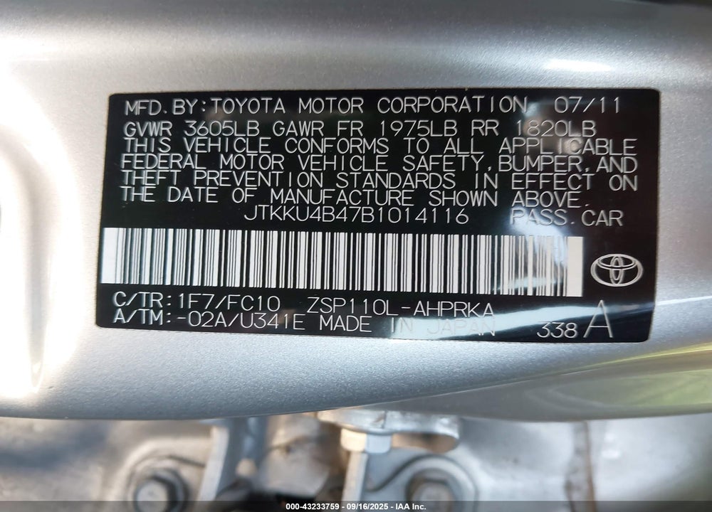 2011 SCION XD VIN: JTKKU4B47B1014116