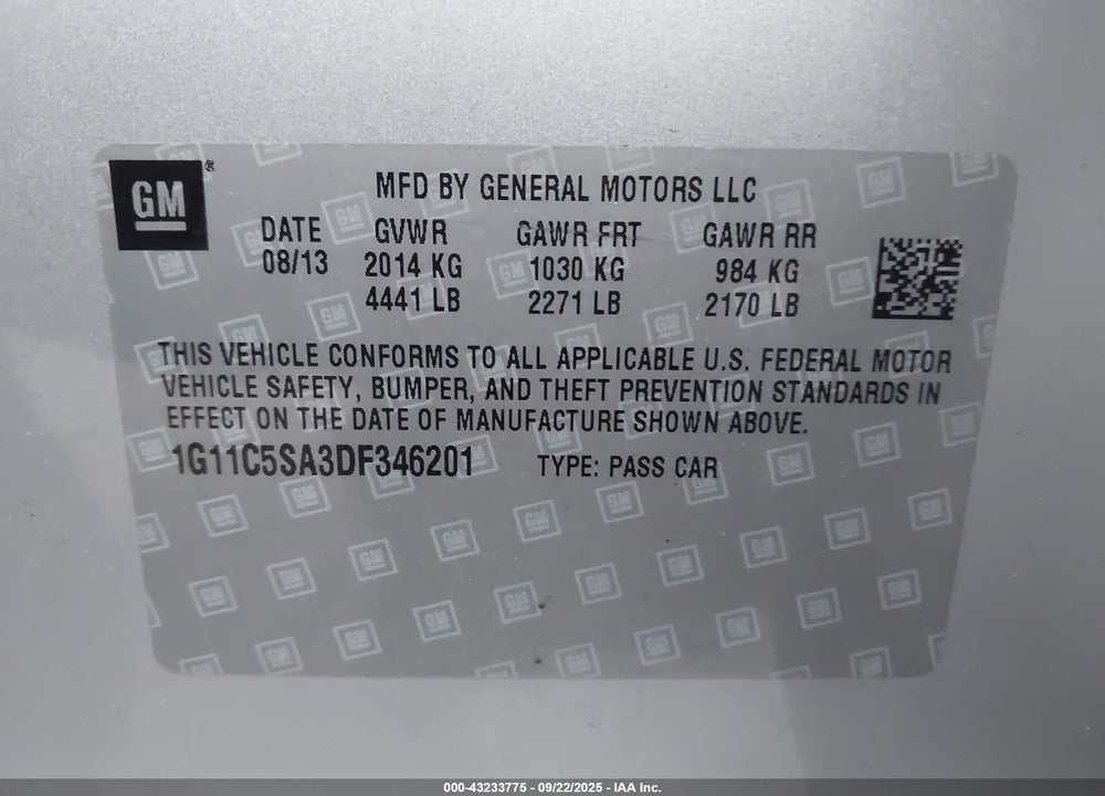 2013 CHEVROLET MALIBU VIN: 1G11C5SA3DF346201