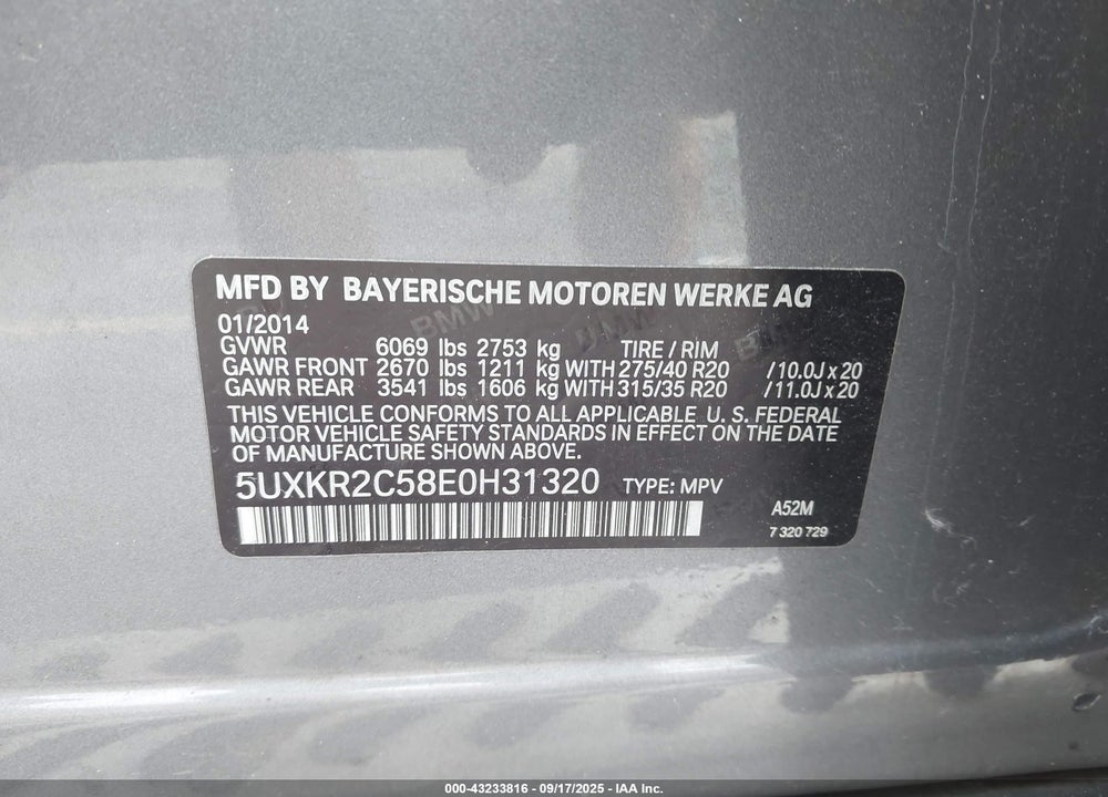2014 BMW X5 VIN: 5UXKR2C58E0H31320
