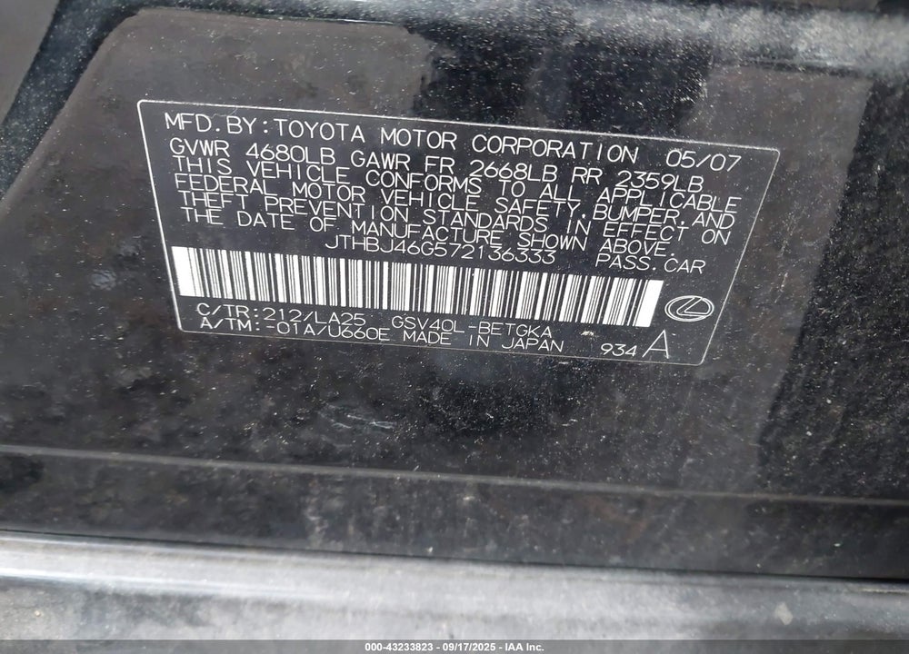 2007 LEXUS ES 350 VIN: JTHBJ46G572136333