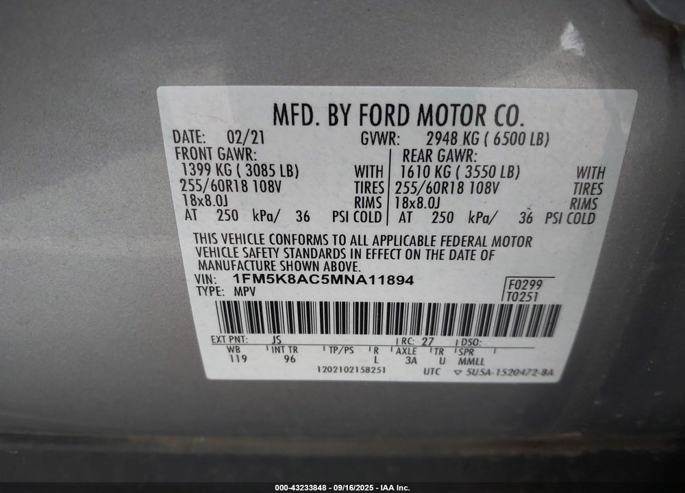 2021 FORD POLICE INTERCEPTOR UTILITY VIN: 1FM5K8AC5MNA11894