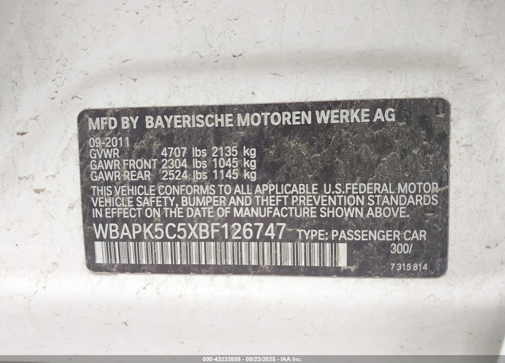2011 BMW 3 SERIES VIN: WBAPK5C5XBF126747