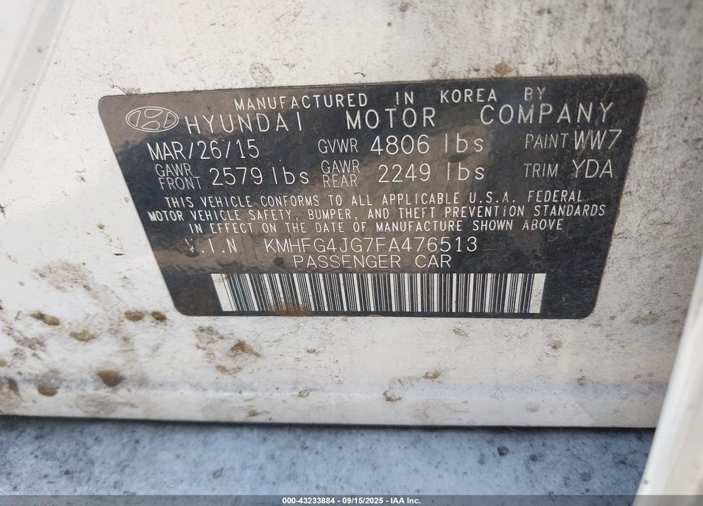 2015 HYUNDAI AZERA VIN: KMHFG4JG7FA476513