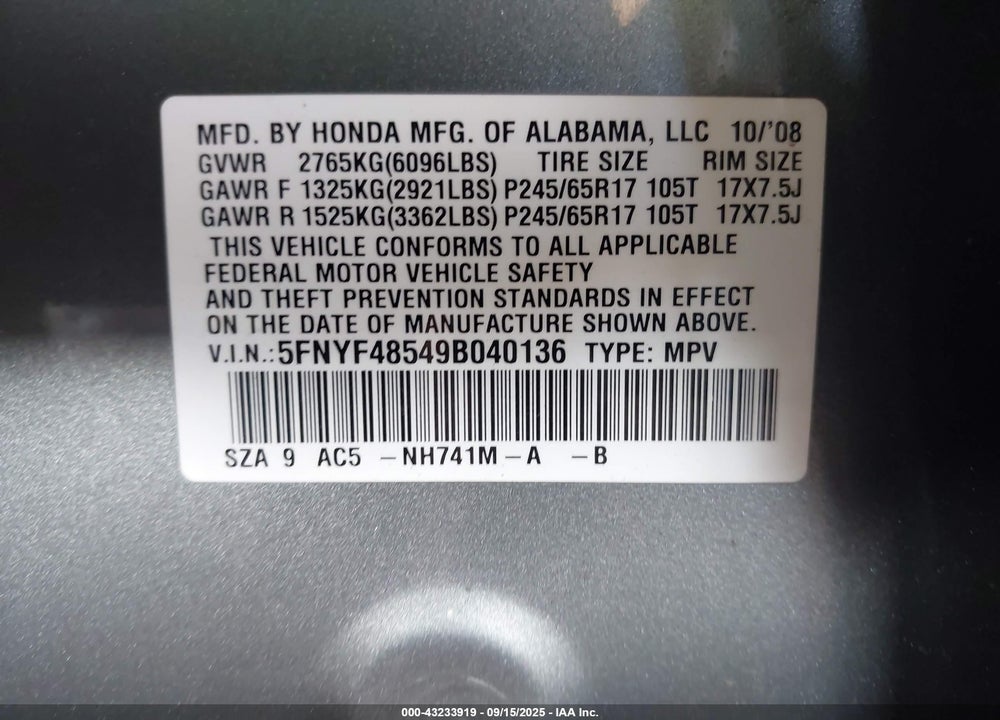 2009 HONDA PILOT VIN: 5FNYF48549B040136