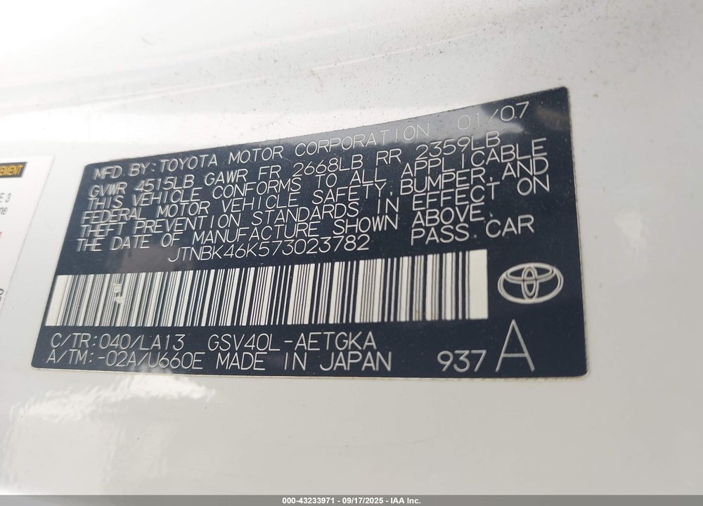 2007 TOYOTA CAMRY XLE V6 VIN: JTNBK46K573023782