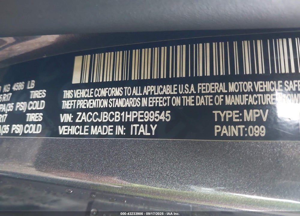 2017 JEEP RENEGADE VIN: ZACCJBCB1HPE99545