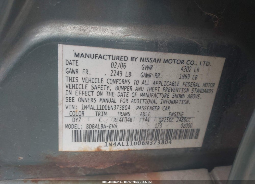 2006 NISSAN ALTIMA VIN: 1N4AL11D06N373804