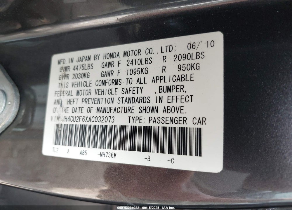 2010 ACURA TSX VIN: JH4CU2F6XAC032073