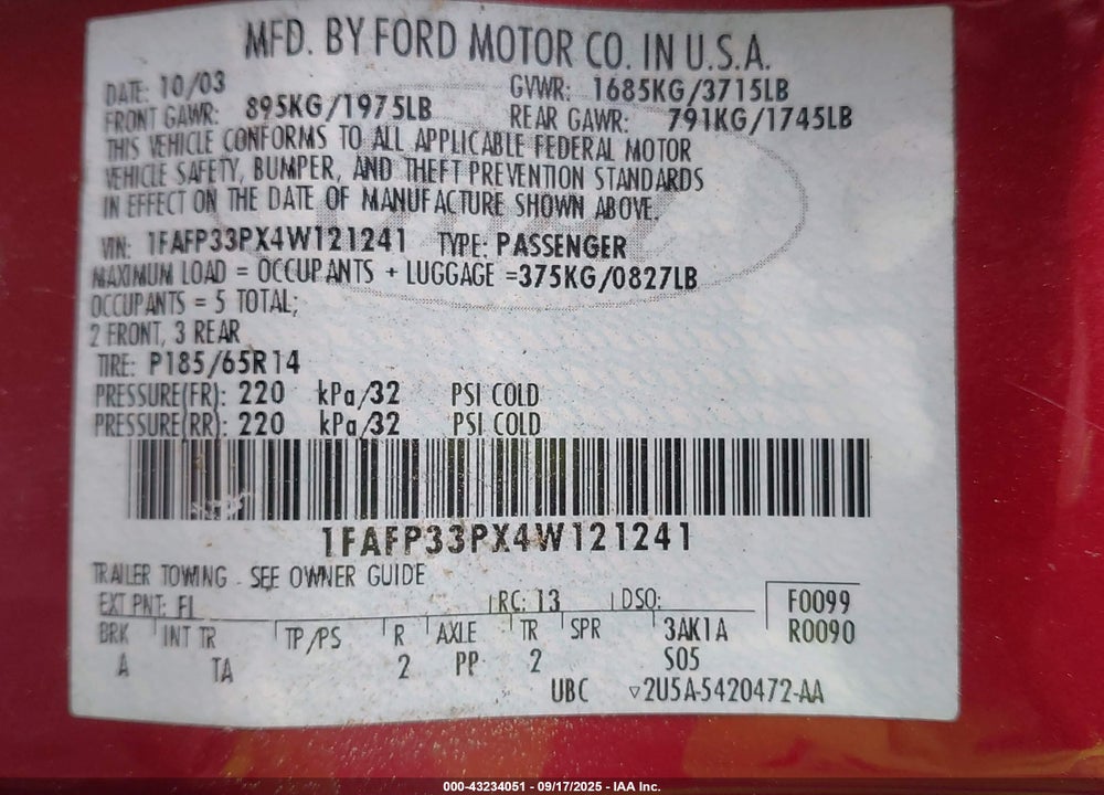 2004 FORD FOCUS LX VIN: 1FAFP33PX4W121241