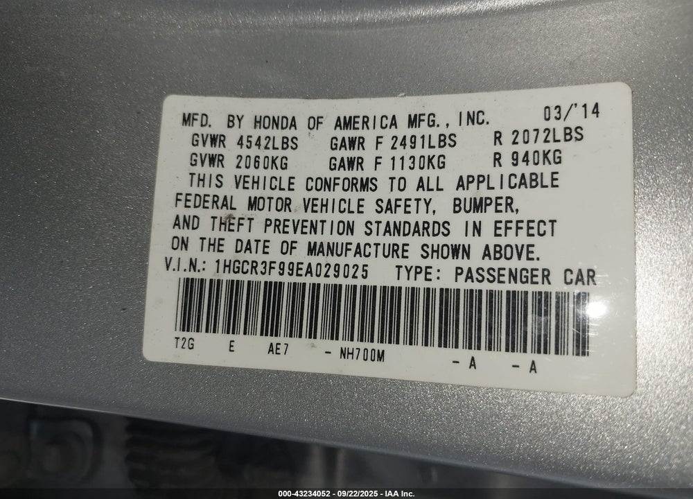 2014 HONDA ACCORD VIN: 1HGCR3F99EA029025