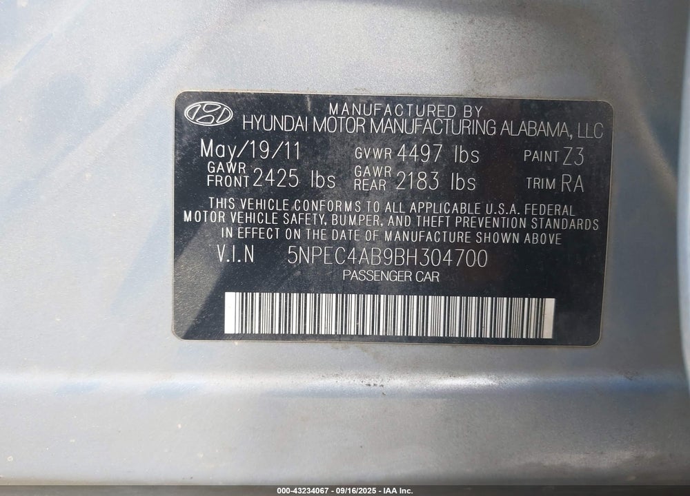 2011 HYUNDAI SONATA VIN: 5NPEC4AB9BH304700