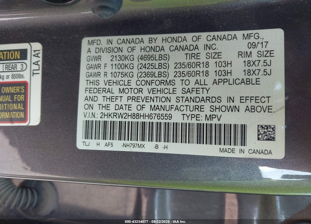 2017 HONDA CR-V EX-L/EX-L NAVI VIN: 2HKRW2H88HH676559
