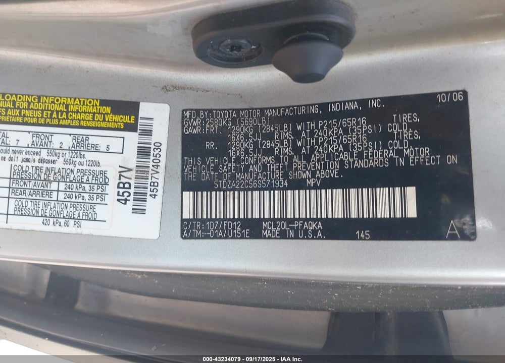 2006 TOYOTA SIENNA VIN: 5TDZA22C56S571934