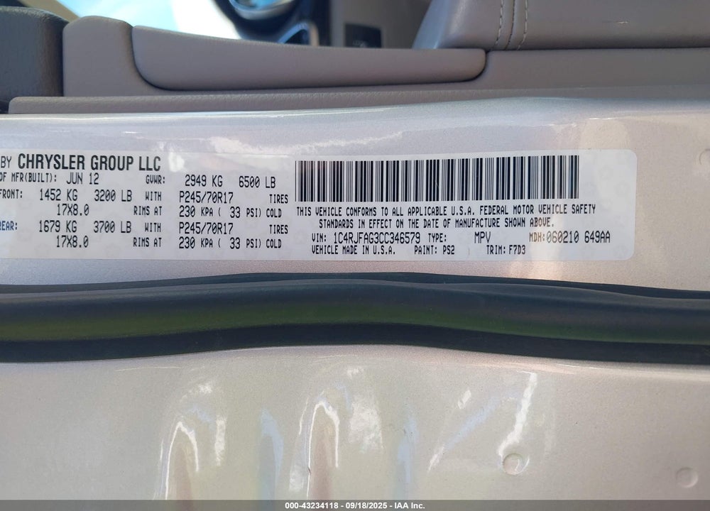 2012 JEEP GRAND CHEROKEE VIN: 1C4RJFAG3CC346579