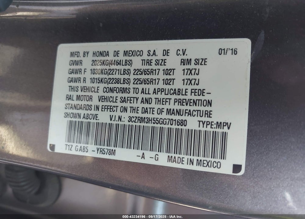 2016 HONDA CR-V VIN: 3CZRM3H55GG701680