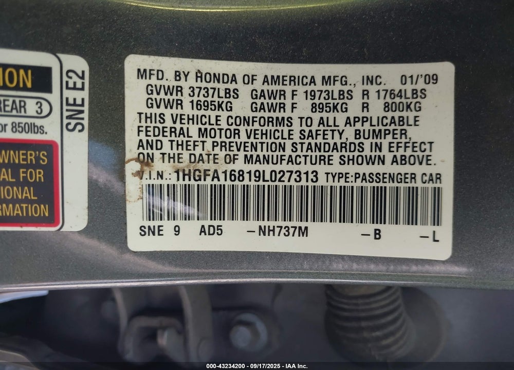 2009 HONDA CIVIC VIN: 1HGFA16819L027313