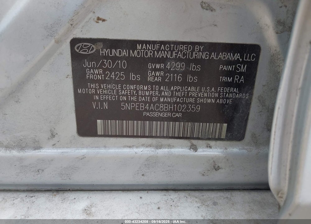 2011 HYUNDAI SONATA GLS VIN: 5NPEB4AC8BH102359