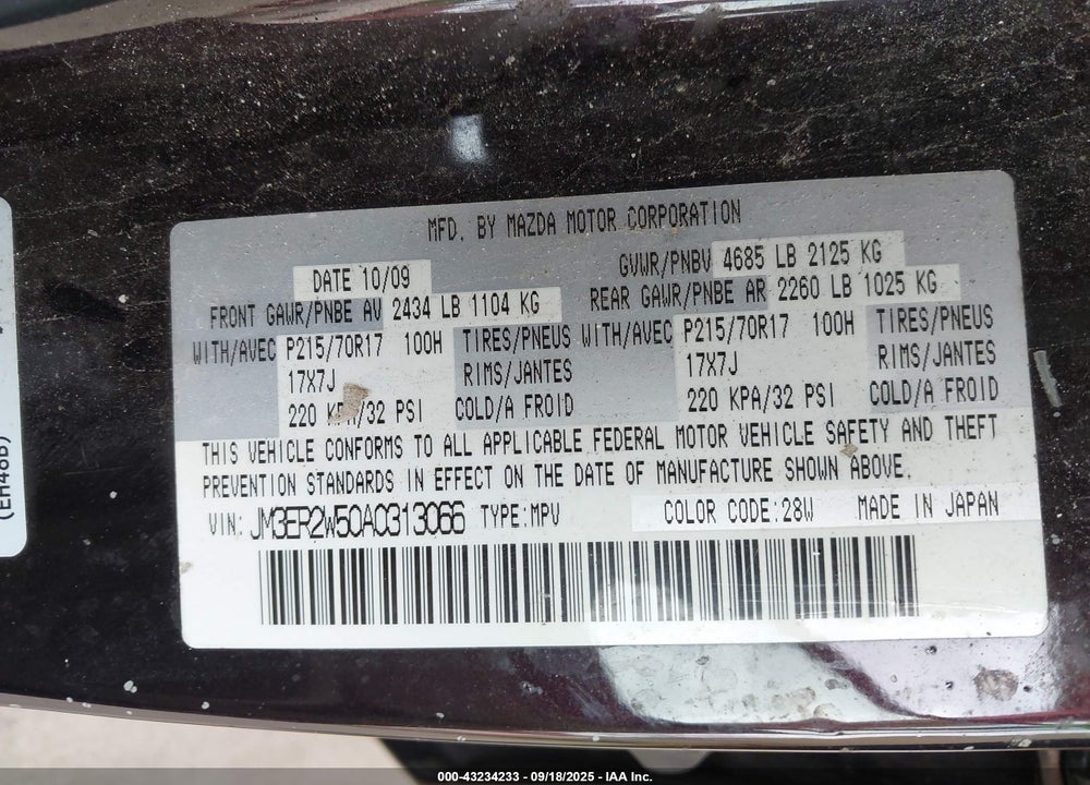 2010 MAZDA CX-7 VIN: JM3ER2W50A0313066