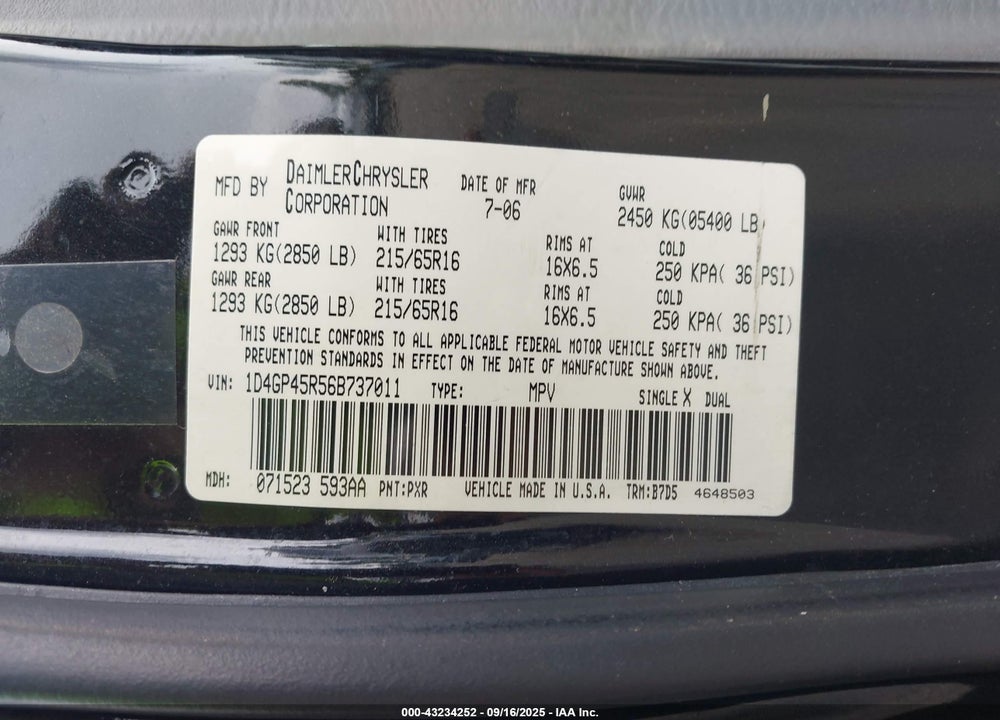 2006 DODGE CARAVAN SXT VIN: 1D4GP45R56B737011